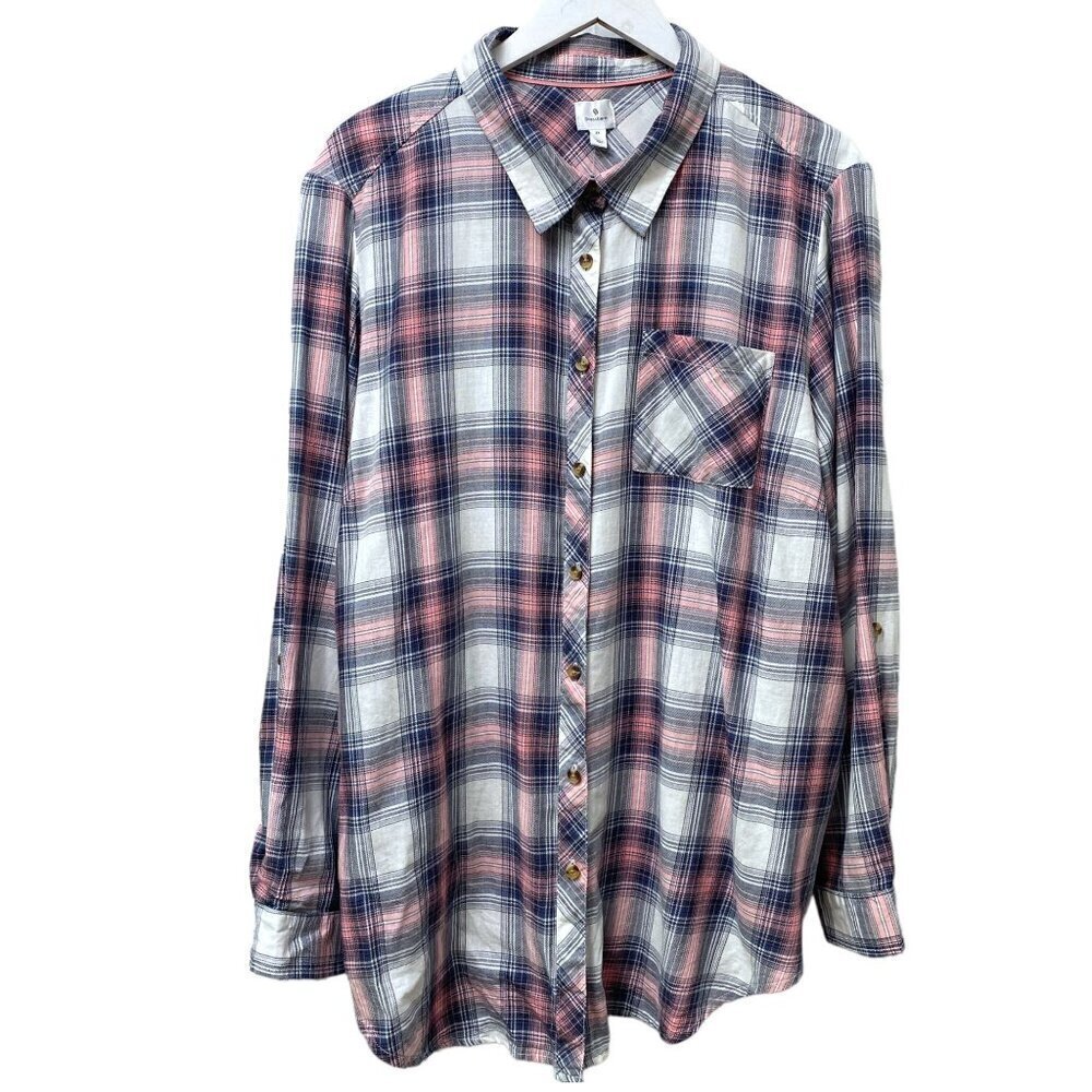 DRESSBARN Plaid Shirt Plus Size 3X Cotton Blue Pink Long Sleeve Button Up NWT